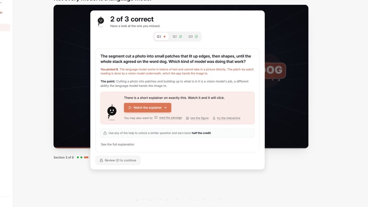 The checkpoint result: the missed question explained, the explainer offered, half the credit earned back through the help